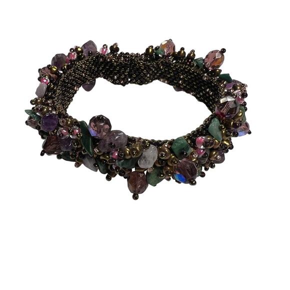 Colorful Beaded Wrap Magnetic Spray Bracelet Seed Beads Stone Purple Green Blue - Picture 3 of 10